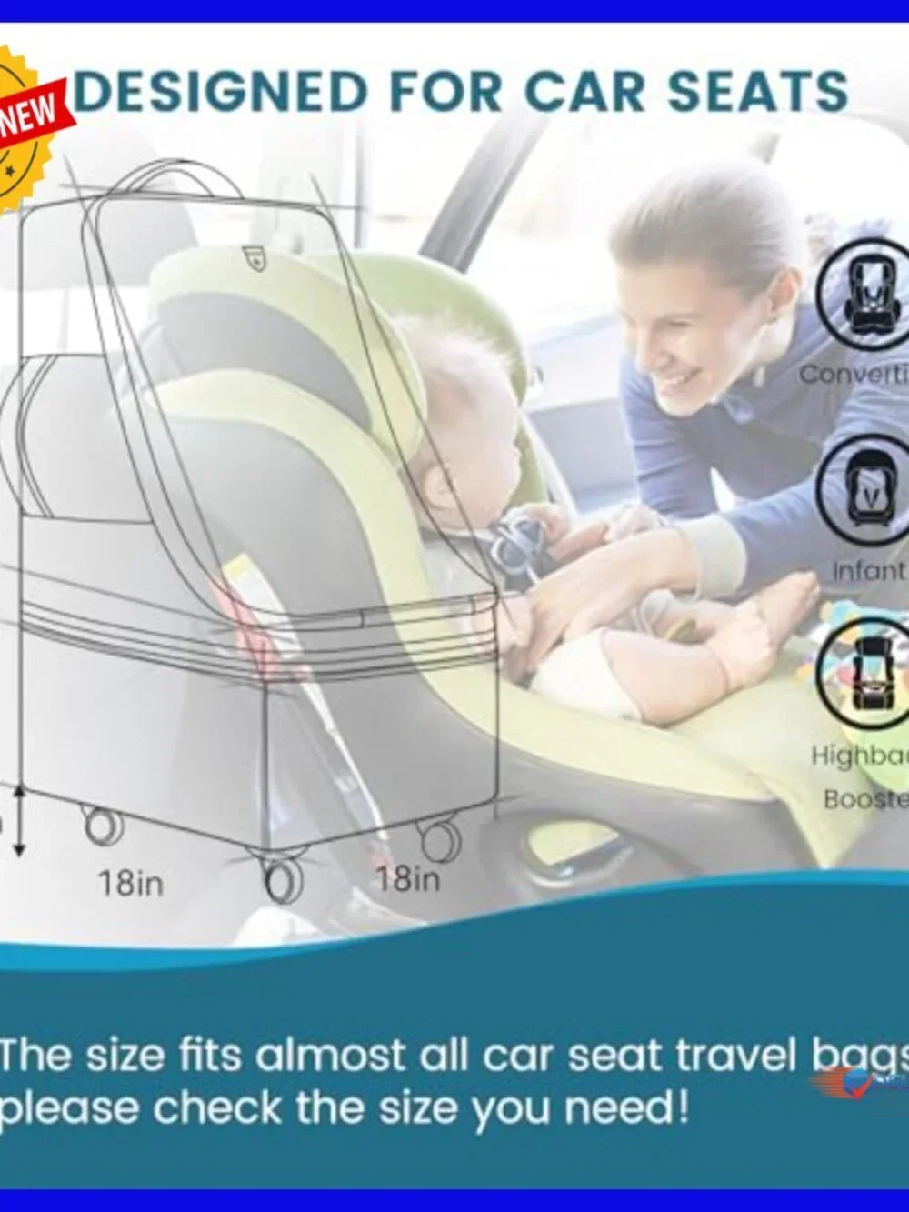 Padded Car Seat Travel Backpack with Wheels, Adjustable Strap, Waterproof Base